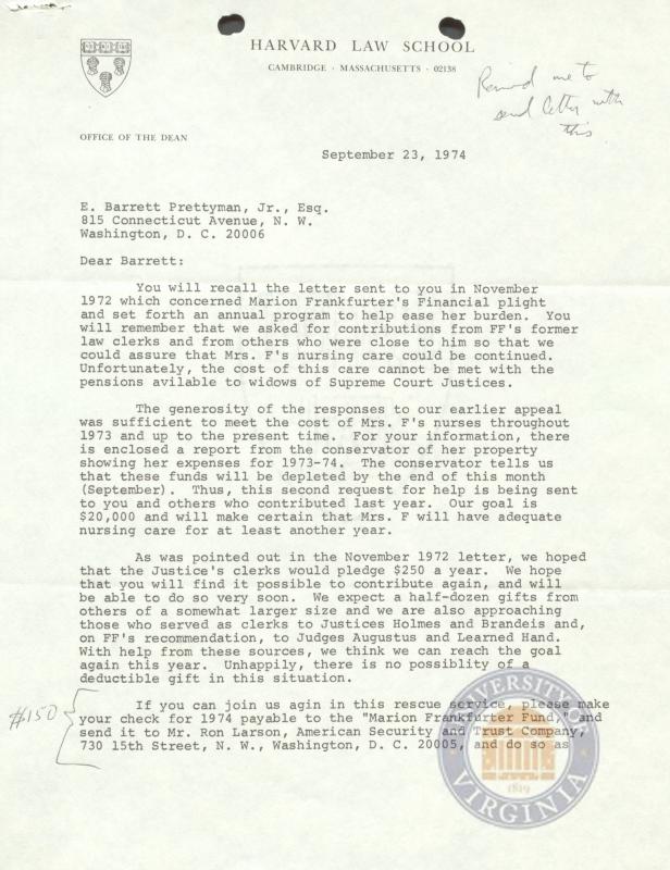Letter From Albert Sacks And Adrian Fisher To Prettyman Regarding Donations For Marion Frankfurter S Care 23 September 1974 Arthur J Morris Law Library