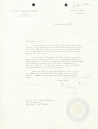 Photocopy of Letter from Lord Shawcross to Whitney North Seymour regarding the Jackson Lectures, 30 January 1967