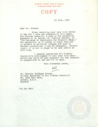 Letter from Bill Jackson to Winston Churchill&#039;s Private Secretary regarding Justice Jackson&#039;s Destroyer Article, 12 June 1957