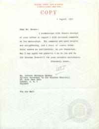 Letter from Bill Jackson to Winston Churchill&#039;s Private Secretary, 6 August 1957