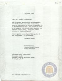 Carbon Copy of Letter from Deputy Special Counsel to President Kennedy, Thanking Justice Frankfurter for Recommending Prettyman, 6 August 1963