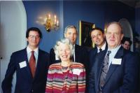 Gene D. Dahmen, Lloyd Dahmen, Jr., Lloyd Dahmen, Dean Robert E. Scott, and James Hamilton at Harvard Club on May 12, 1999