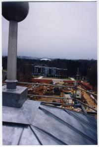 Law School Renovation Project; Caplin Pavilion Spire in the foreground, with Copeley Apartments in the distance