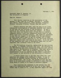 Letter from F. D. G. Ribble to Edgar F. Shannon, Jr., Reporting on the Faculty Meeting Discussing the East Lawn Gardens Restoration Project, 7 February 1961