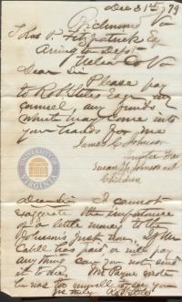 Request for Funds by Trustee for Susan F. Johnson and Children, 15 December 1879