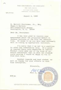 Letter from Phil C. Neal to Prettyman regarding the Jackson Lectures, 4 August 1966