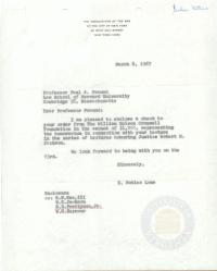 Letter from E. Nobles Lowe to Paul Freund Enclosing Research Funding for the Jackson Lectures, 8 March 1967