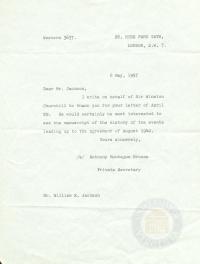 Letter from Winston Churchill&#039;s Private Secretary to Bill Jackson regarding Justice Jackson&#039;s Destroyer Article, 6 May 1957