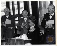 Frances Farmer, Colgate W. Darden Jr., Frank L. Hereford, and Monrad G. Paulsen at the Dedication of the Law Library at the Law School North Grounds, 1974