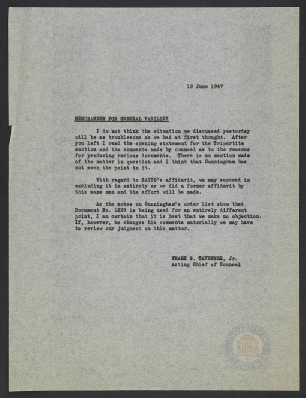 Opening Statement For Tripartite Section Saito S Affidavit And Document No 1639 The International Military Tribunal For The Far East