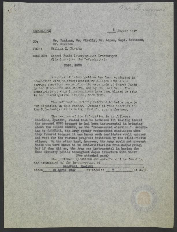 Secret Funds Interrogation Transcripts Citation S Re The Defendant S Tojo Muto August 8 1947 The International Military Tribunal For The Far East