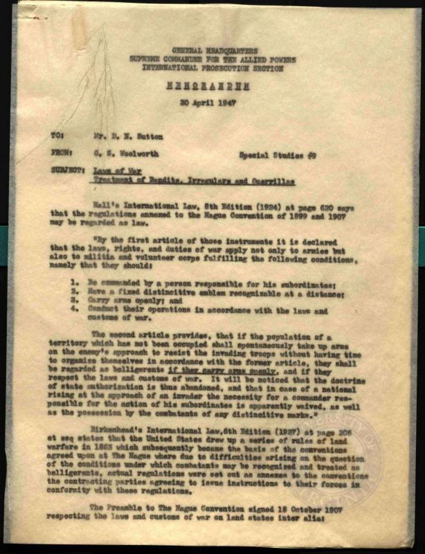 Laws of War. Treatment of Bandits, Irregulars and Guerillas
